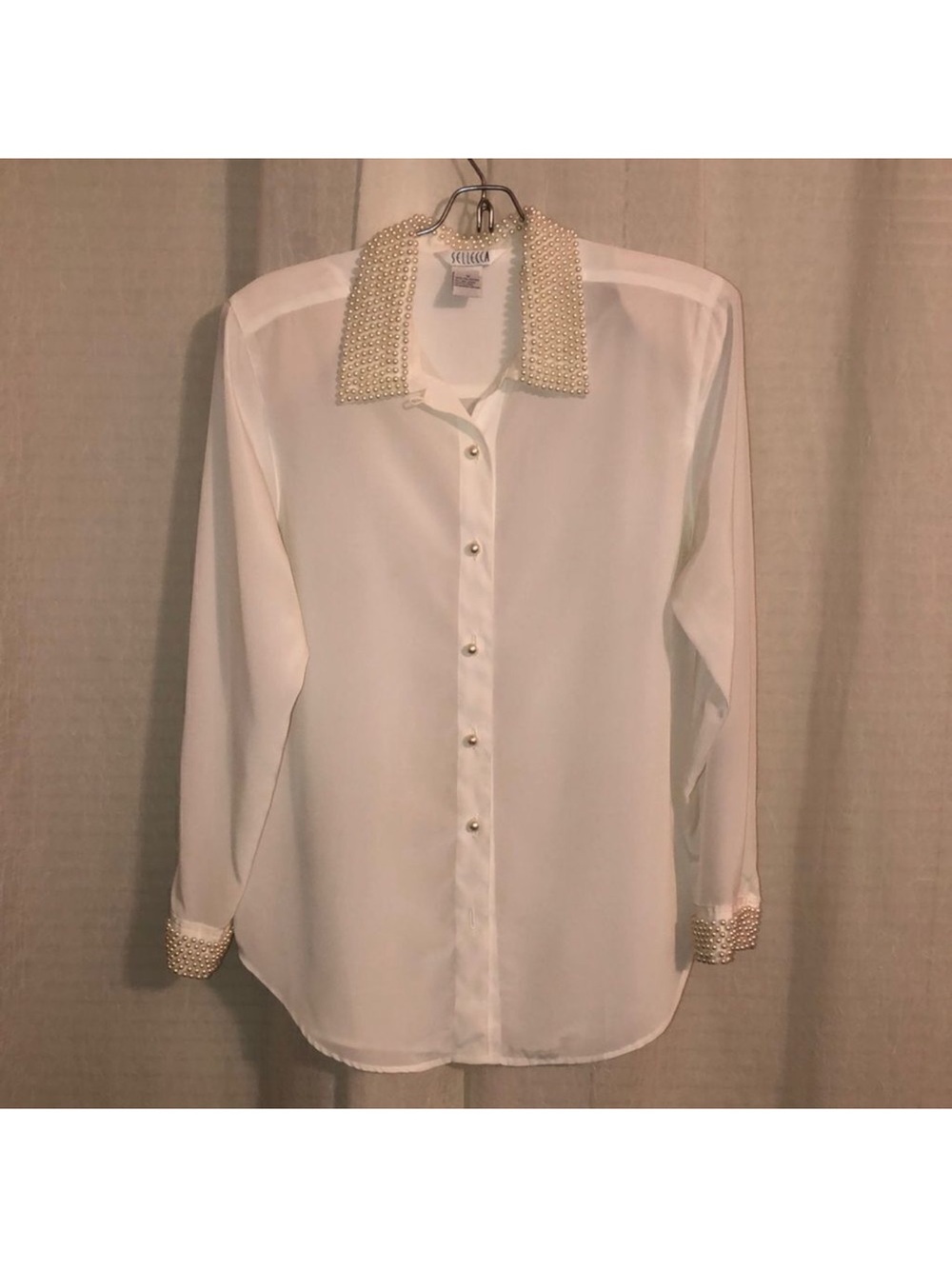 Vintage 14 Pearl Details Collared And Cuffed Long Sleeve Blouse